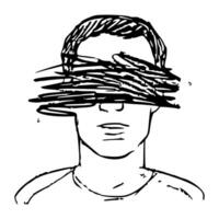 Expressive Black and White Line Art Illustration of a Man with Eyes Scribbled Out, Symbolizing Mental Health Struggles vector