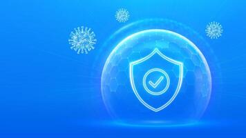 Virus protection. Healthcare. Vaccination. Virus cell. Antibiotic.Protection shield with Check mark icon inside transparent sphere shield with hexagon pattern on blue background. vector