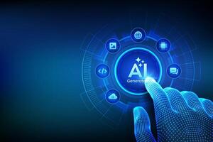 Generate with AI button. Artificial intelligence and Machine learning technology concept. AI enters by command prompt to generate ideas.Closeup finger about to press a Generate AI button. vector