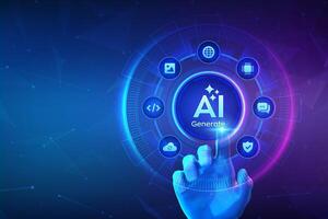 Generate with AI button. Artificial intelligence and Machine learning technology concept. AI enters by command prompt to generate ideas. Hand about to press a Generate AI button. illustration. vector