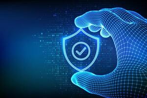 Security shield. Cyber security. Protection shield with check mark icon in a wireframe hand on binary code background. Digits 1.0. Cyber data protection. Information privacy idea. illustration. vector