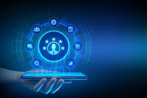 Customer satisfaction.Customer survey and feedback analytics.Using AI and automation technology in marketing for customer service.Smartphone in hands. Using smartphone vector