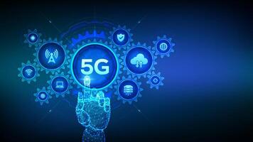 5G network wireless systems technology concept. Smart city. IOT. 5G mobile internet wifi connection. Wireframe hand touching digital interface with connected gears cogs and icons. illustration. vector