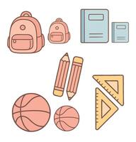 flats design of school item, backpack,books,pencil,ball and triangle rules vector