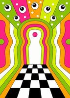 Psychedelic Surreal Hallway with Eyes and Checkerboard Floor vector