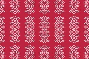 Cross stitch with ethnic pattern of red color background with fabric motif art. vector