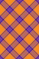 Vichy seamless fabric, industrial tartan check texture. Hippie plaid pattern textile background in violet and orange colors. vector