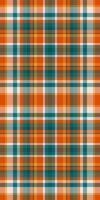 Reel background textile, 70s texture check seamless. Wide fabric plaid pattern tartan in cyan and orange colors. vector