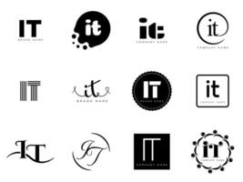 IT logo company template. Letter i and t logotype. Set different classic serif lettering and modern bold text with design elements. Initial font typography. vector