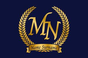 Initial letter M and N, MN monogram logo design with laurel wreath. Luxury golden calligraphy font. vector