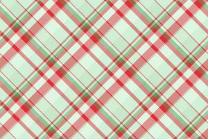 Elegant diagonal plaid pattern in soft mint green, coral pink, and red. Ideal for textile design, wrapping paper, or festive backgrounds. vector