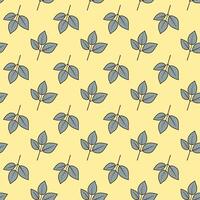 Elegant pastel yellow background adorned with a repeating pattern of stylized greyblue leaves. Perfect for textile prints, stationery, or website backgrounds. vector