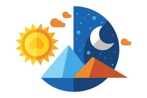 Abstract Day Night Circle with Sun, Moon, Clouds, and Geometric Mountains vector