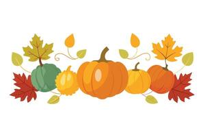 Festive Autumn Arrangement Pumpkins and Colorful Leaves on a White Background vector