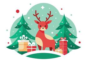 Flat Reindeer, Presents, Christmas Trees with White Background vector