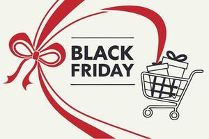 Black Friday Text with Shopping Cart, Gifts, Red Ribbon on Beige Background vector
