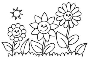 Cheerful Outlined Flowers with Smiling Faces and Sunlight, Transparent Background vector