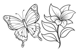 Line Art Butterfly and Flower on Transparent Background vector