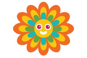 Cartoon Flower with Smiling Face, Multicolored Petals Isolated on White Background vector