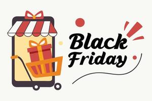 Black Friday Design, Cartoon Storefront on Mobile Device with Gift Box and White Background vector