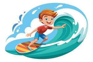 Cartoon Boy Surfing Ocean Wave on Colorful Surfboard with Transparent Background vector