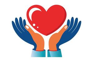 Cupped Orange Hands Holding Red Heart with Blue Sleeves on White Background vector