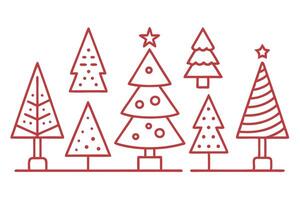 Set of Seven Minimalist Outlined Christmas Trees in Red on White Background vector