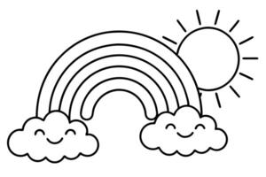 Rainbow with Smiling Clouds and Sun Line Art on White Background Outline Drawing vector