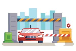Red Car Approaching an Open Barrier with City Building at Background vector
