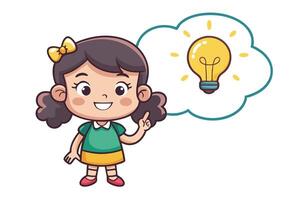Cartoon Girl with Lightbulb Idea, Happy Expression and Index Finger Raised on White vector