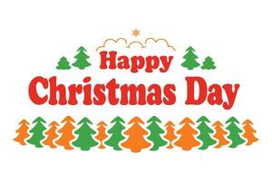 Happy Christmas Day Red Bold Text with Trees, Star and Line on White Background vector
