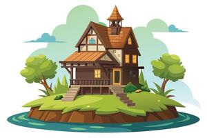 Lakeside Cartoon Home on Island with Trees and Stairs on White Background vector