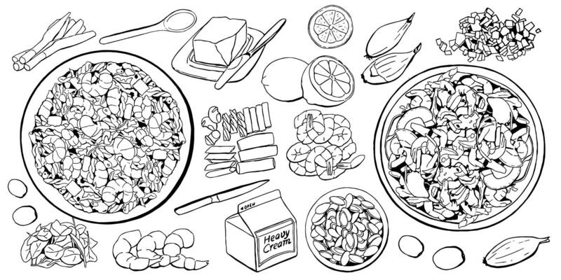 Shrimp Food Cooking Line Illustration Top View
