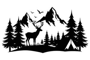 Black Silhouette of Deer, Mountains, Fir Trees, and Birds on Transparent Background vector