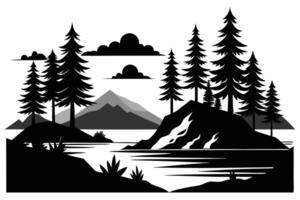 Minimalist Black and White with Trees, Mountains, and Water Landscape vector
