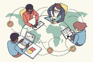 Diverse team at world map table using laptops and tablets vector