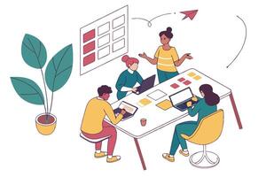 Isometric Diverse Team Working Together Around Table on Laptops with Paper Plane vector