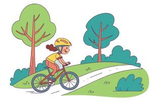 Cartoon Girl Cycling on a Trail in a Park with Trees and Bushes vector