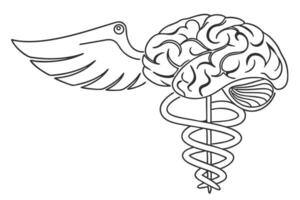 Flying Brain with Wings and Caduceus Line Art on Transparent Background vector