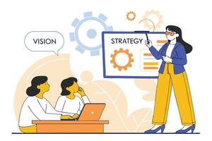 Business Strategy Vision Presentation with Gears and Woman Explaining to Team vector