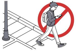 Isometric Man Using Phone Walking Street Under Prohibited Sign on Transparent Background vector