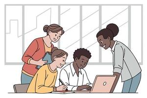 Diverse Team Collaborating on Laptop with Tablet and Notebook near the Window vector