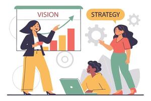 Diverse Team Brainstorming Vision and Strategy with Bar Chart and Laptop vector