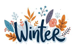Stylized Winter Typography with Berries and Colorful Leaves on White Background vector