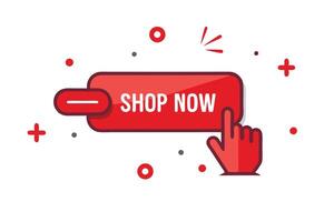 Red Shop Now Button with Hand Cursor and Plus Icons on a White Background vector