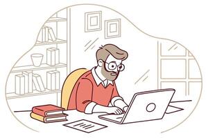Bearded Man Typing on Laptop with Bookshelf, Window in Outline Style vector