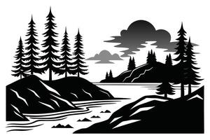 Monochrome Nature Landscape with River, Pine Trees, Hills, and Cloud vector