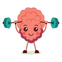 Cartoon Brain Character Lifting Barbell with Cheerful Expression on White Background vector