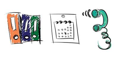 Office essentials doodle design, hand drawn document folder, calendar and wired phone vector