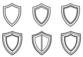 six shield outline icons in different styles, symbolizing protection, security, and defense. The simple black-and-white design represents safety concepts in a minimalistic way, shield outline icon. vector